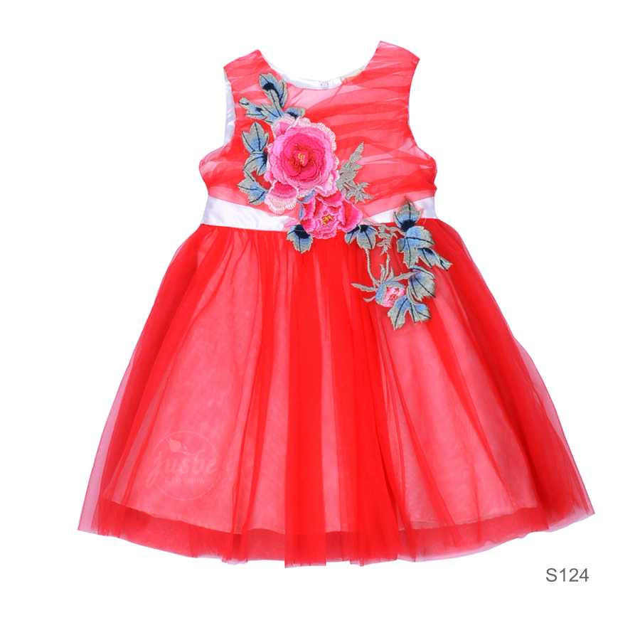 S124 Floral Emb Dress Red