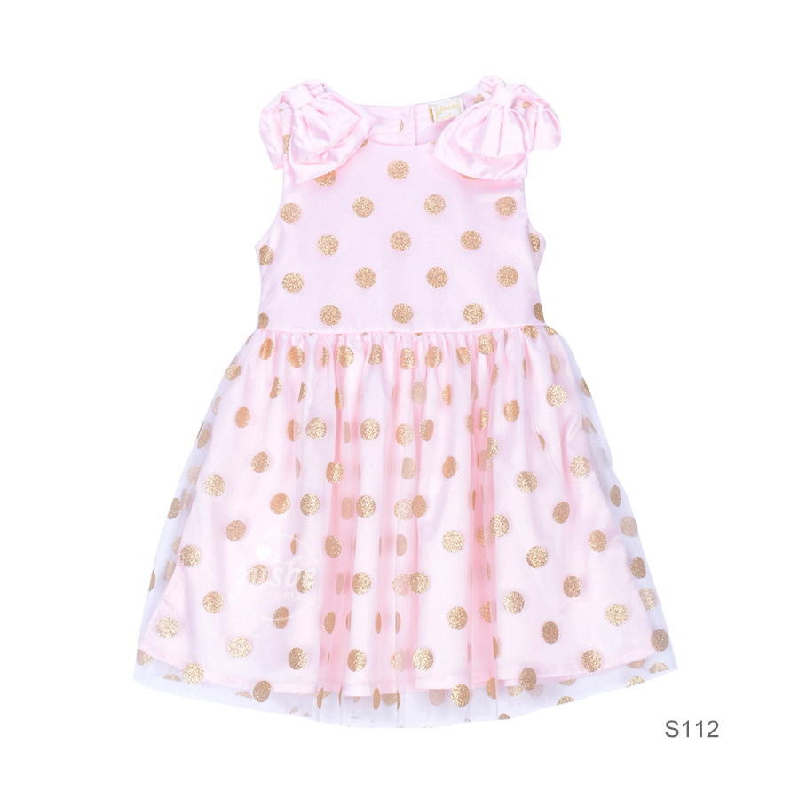 S112 Gold Dots Dress with Knots pink